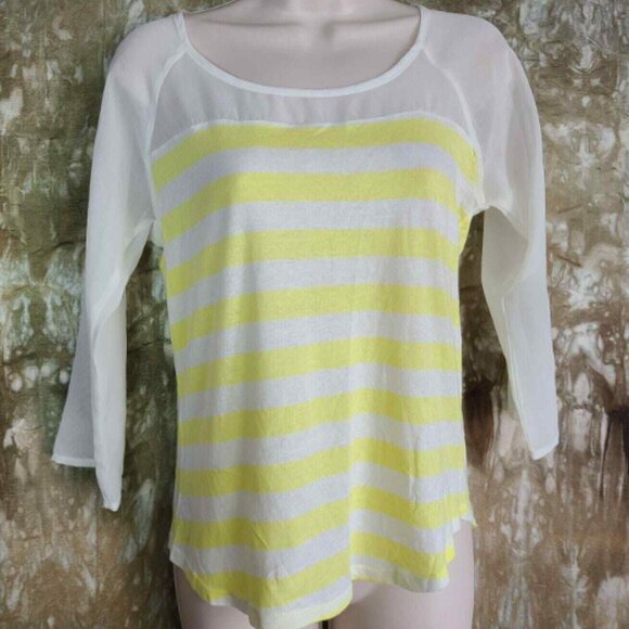 LC Lauren Conrad Women's Striped Bow Tee 3/4 Sleeves Yellow & White Shirt - Picture 4 of 16
